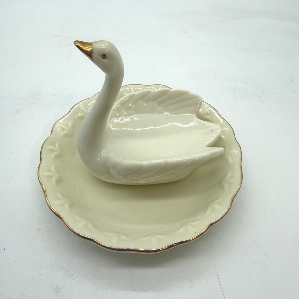 Vintage Ceramic Swan Trinket Dish Gold Trim Scalloped Edge Cream Vanity Decor